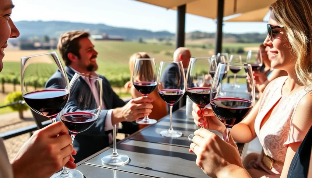 Wine tasting at a Yolo County vineyard with glasses of wine and vineyard views Wine tasting at a Yolo County vineyard with glasses of wine and vineyard views