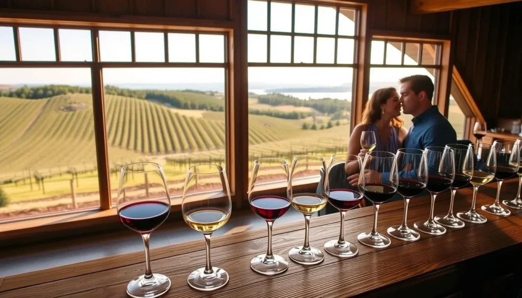 Wine tasting at a vineyard on the Cayuga Lake Wine Trail with lake views Wine tasting at a vineyard on the Cayuga Lake Wine Trail with lake views