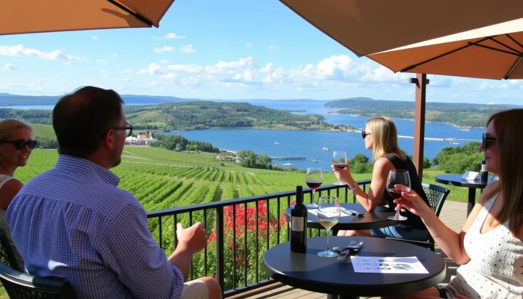 Wine tasting at a vineyard overlooking Cayuga Lake in the Finger Lakes region Wine tasting at a vineyard overlooking Cayuga Lake in the Finger Lakes region