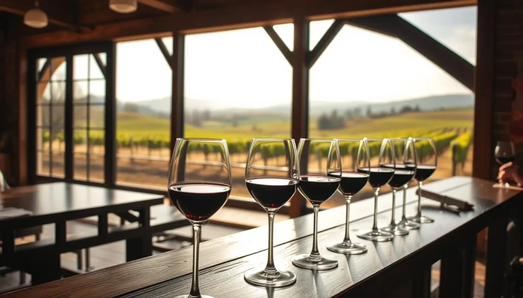 Wine tasting at an Amador County winery with vineyard views and wine glasses