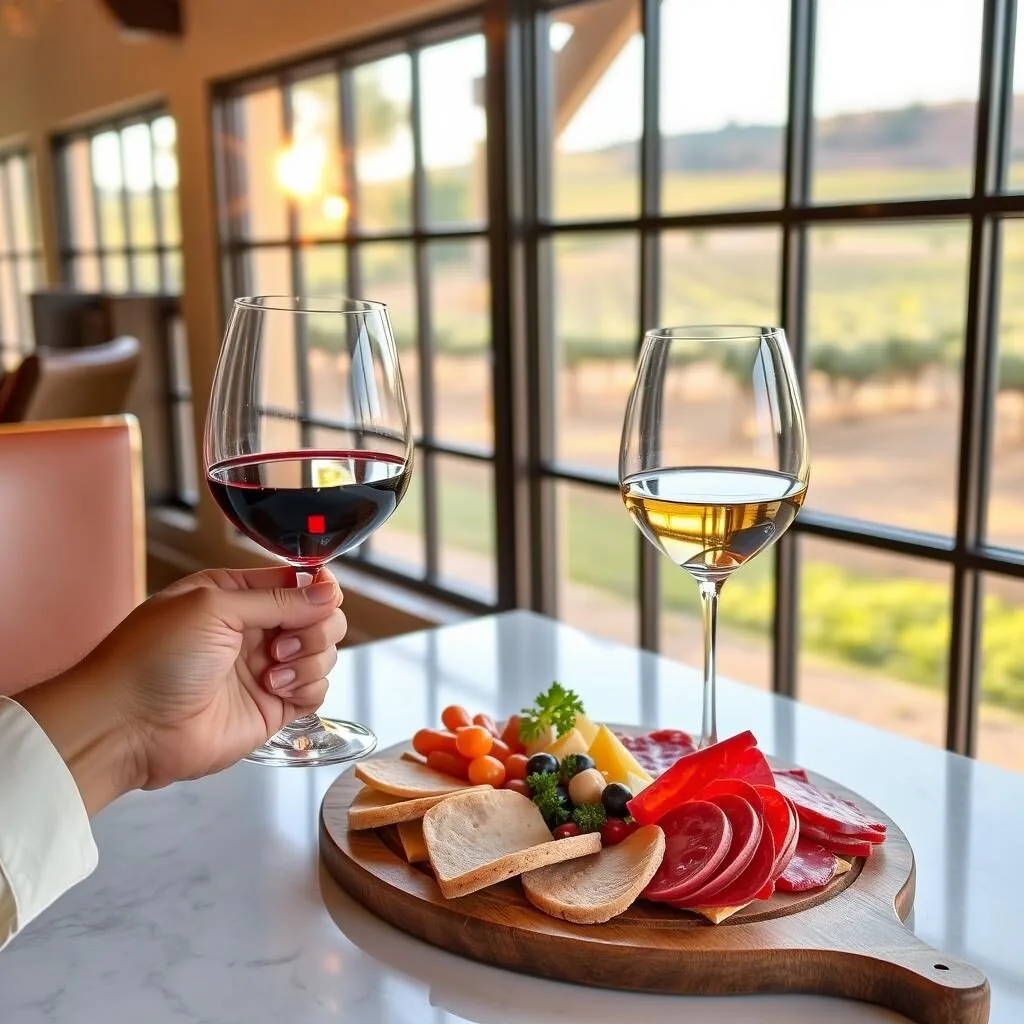 Wine tasting experience at a Stanislaus County winery with vineyard views