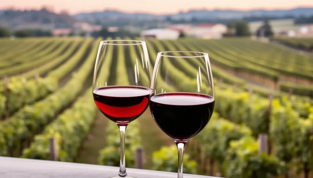 Wine tasting experience in Sonoma County California with glasses of red and white wine against vineyard backdrop Wine tasting experience in Sonoma County California with glasses of red and white wine against vineyard backdrop