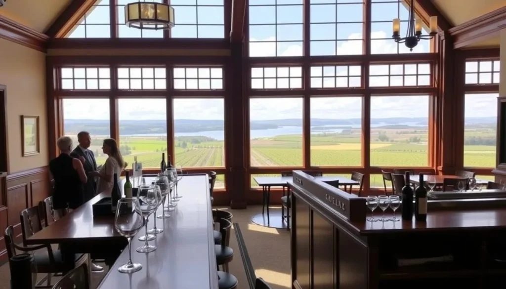 Wine tasting room at Dr. Konstantin Frank Winery in Yates County with views of Keuka Lake Wine tasting room at Dr. Konstantin Frank Winery in Yates County with views of Keuka Lake