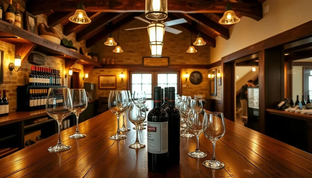 Wine tasting room in Carmel-by-the-Sea with rustic interior and wine glasses