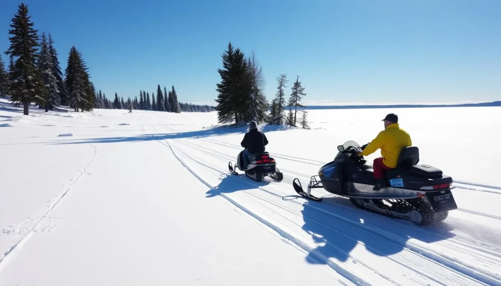 Winter activities at Voyageurs National Park with snowmobilers traversing a frozen lake Winter activities at Voyageurs National Park with snowmobilers traversing a frozen lake