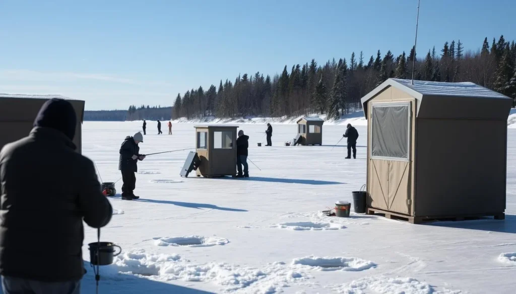 Winter ice fishing on a frozen lake in St. Lawrence County Winter ice fishing on a frozen lake in St. Lawrence County