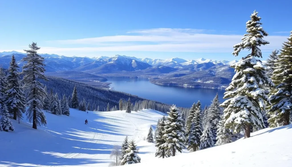 Winter scene at Big Bear Lake with snow-covered mountains and ski slopes - popular San Bernardino County things to do in winter Winter scene at Big Bear Lake with snow-covered mountains and ski slopes - popular San Bernardino County things to do in winter