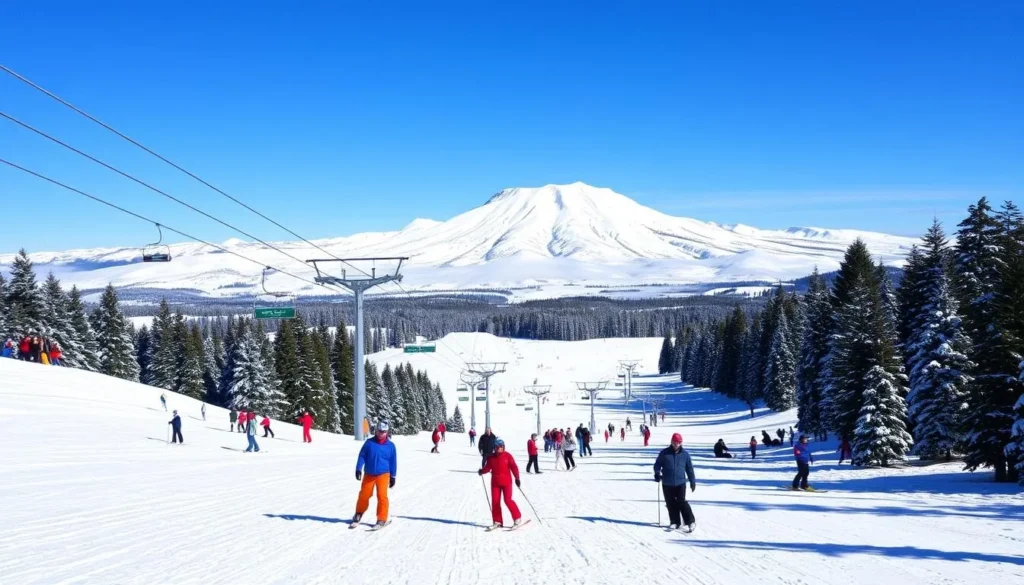 Winter scene at Mt. Shasta Ski Park with skiers and snowboarders enjoying the slopes, a popular Siskiyou County California best thing to do Winter scene at Mt. Shasta Ski Park with skiers and snowboarders enjoying the slopes, a popular Siskiyou County California best thing to do