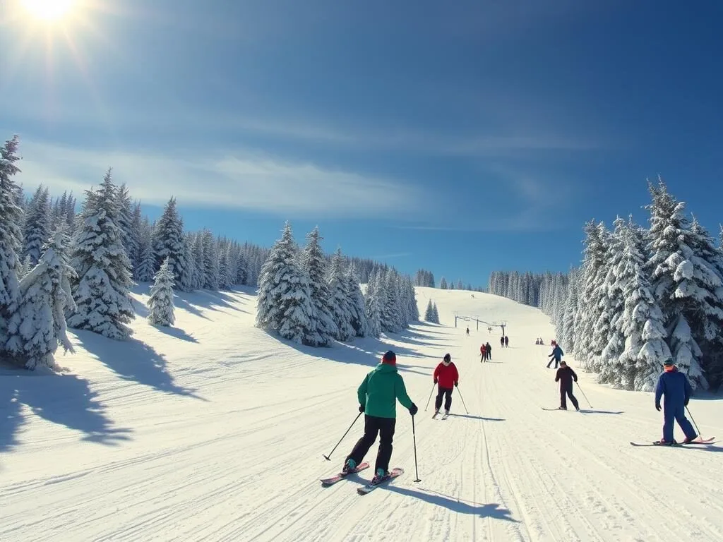 Winter scene at Sugarloaf Mountain with skiers enjoying fresh powder on Carrabassett Valley Maine things to do Winter scene at Sugarloaf Mountain with skiers enjoying fresh powder on Carrabassett Valley Maine things to do