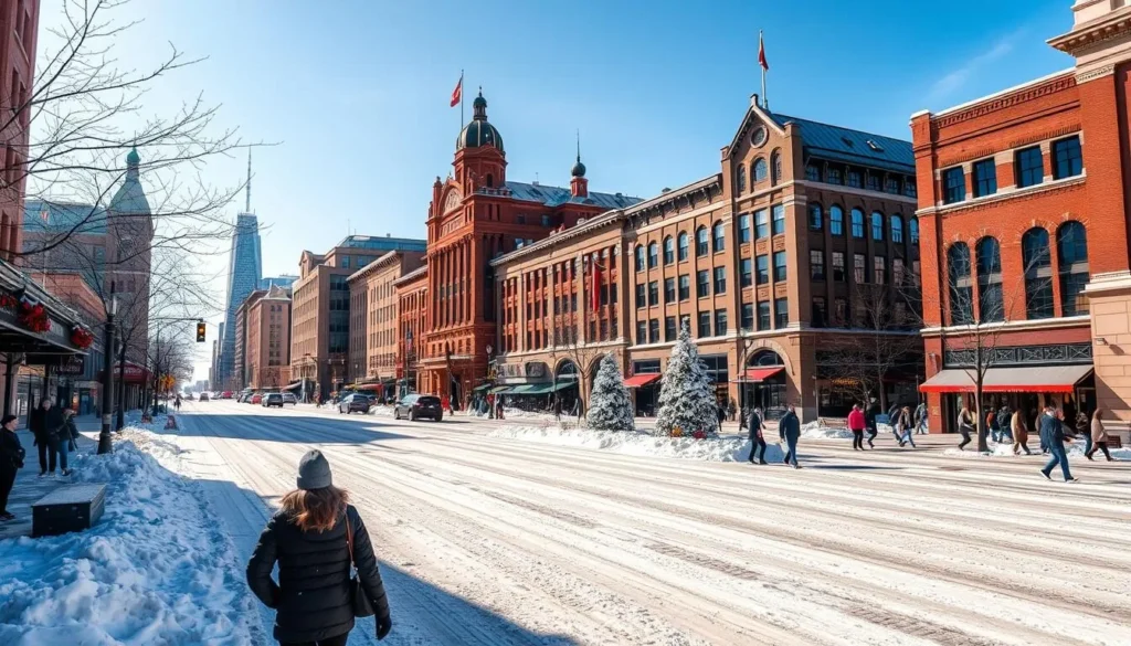Winter scene in downtown Grand Rapids with snow-covered streets and holiday decorations Winter scene in downtown Grand Rapids with snow-covered streets and holiday decorations