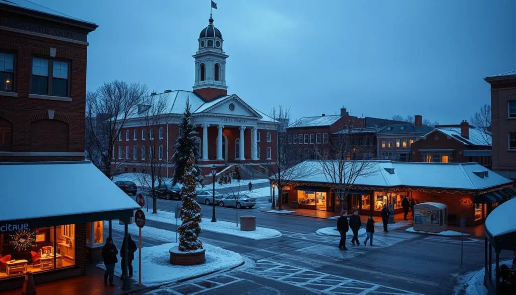 Winter scene of Winterset town square with the courthouse covered in snow and holiday decorations Winter scene of Winterset town square with the courthouse covered in snow and holiday decorations
