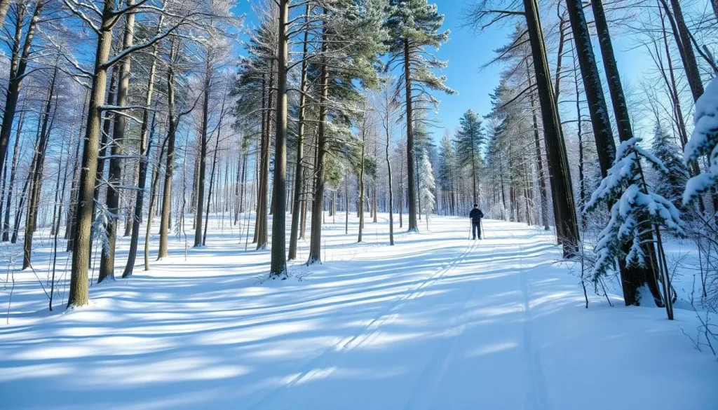 Winter scene showing cross-country skiing in the Finger Lakes National Forest in Schuyler County, New York Winter scene showing cross-country skiing in the Finger Lakes National Forest in Schuyler County, New York