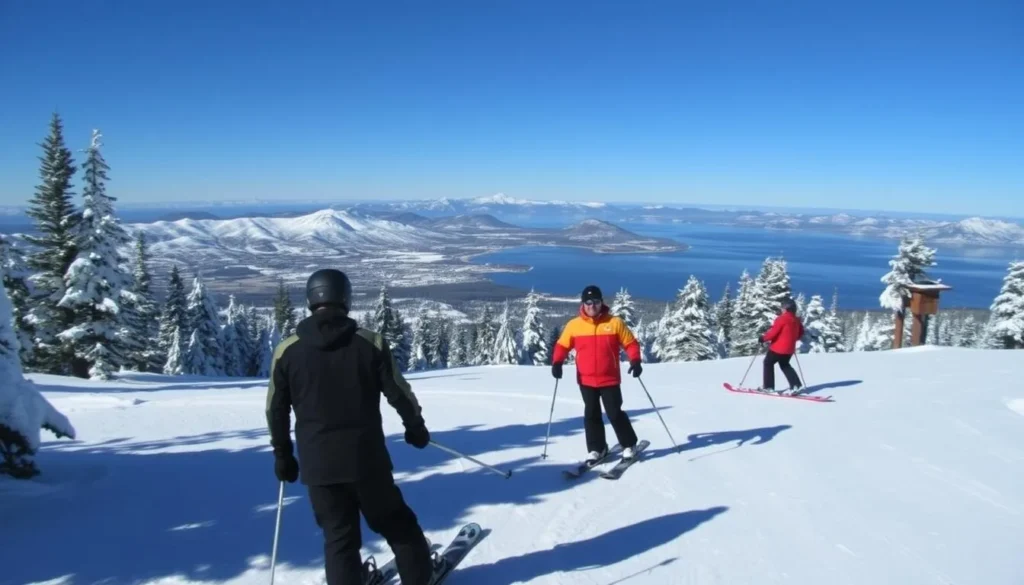 Winter skiers enjoying the slopes at Heavenly Mountain Resort with Lake Tahoe views Winter skiers enjoying the slopes at Heavenly Mountain Resort with Lake Tahoe views