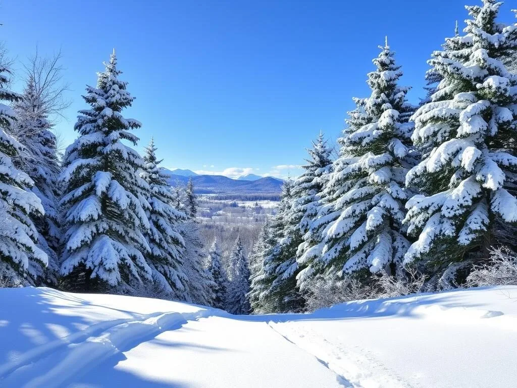 Winter snow scene in Fulton County, New York with snow-covered trees Winter snow scene in Fulton County, New York with snow-covered trees