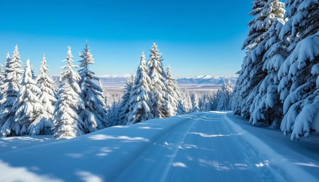 Winter snowmobiling trail through forest in Hamilton County New York things to do Winter snowmobiling trail through forest in Hamilton County New York things to do