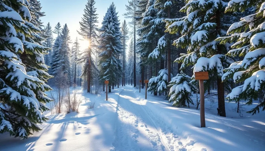 Winter snowshoeing trail through snow-covered pine forest at Bemidji State Park Winter snowshoeing trail through snow-covered pine forest at Bemidji State Park
