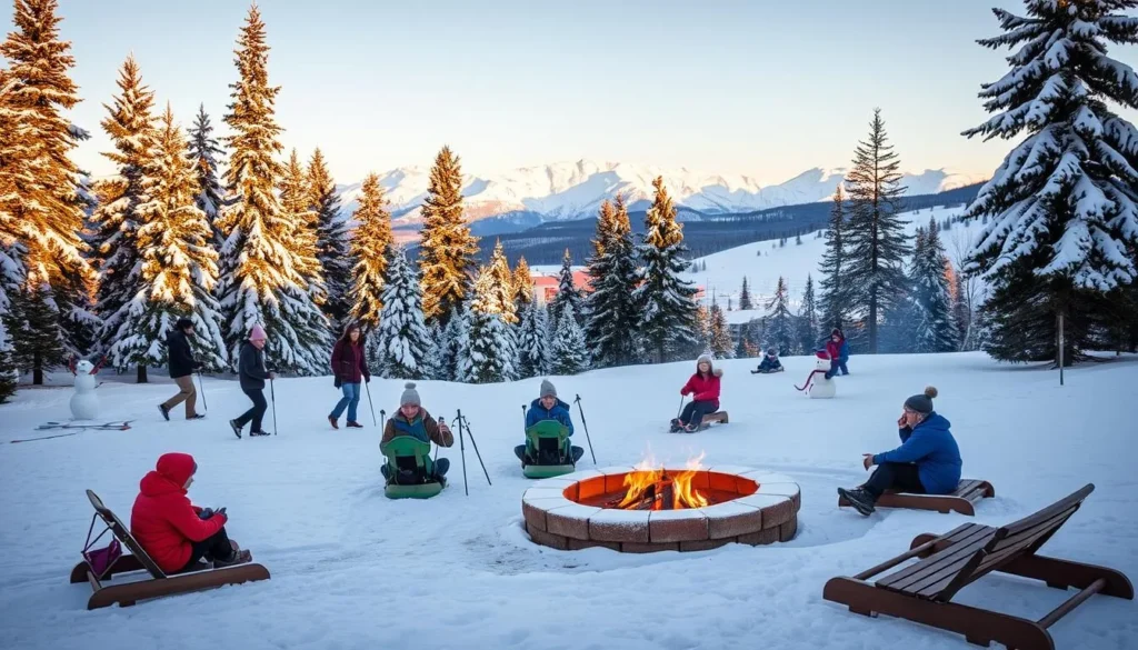 Winter wonderland at Big Sky Resort: snow-covered pines, a crackling fire pit, and families enjoying snowshoeing, building snowmen, and sledding on a gentle slope, all bathed in warm golden light from the setting sun. In the distance, the majestic peaks of the Rockies frame the serene scene. A cozy and inviting atmosphere perfect for a day of winter activities beyond just skiing.