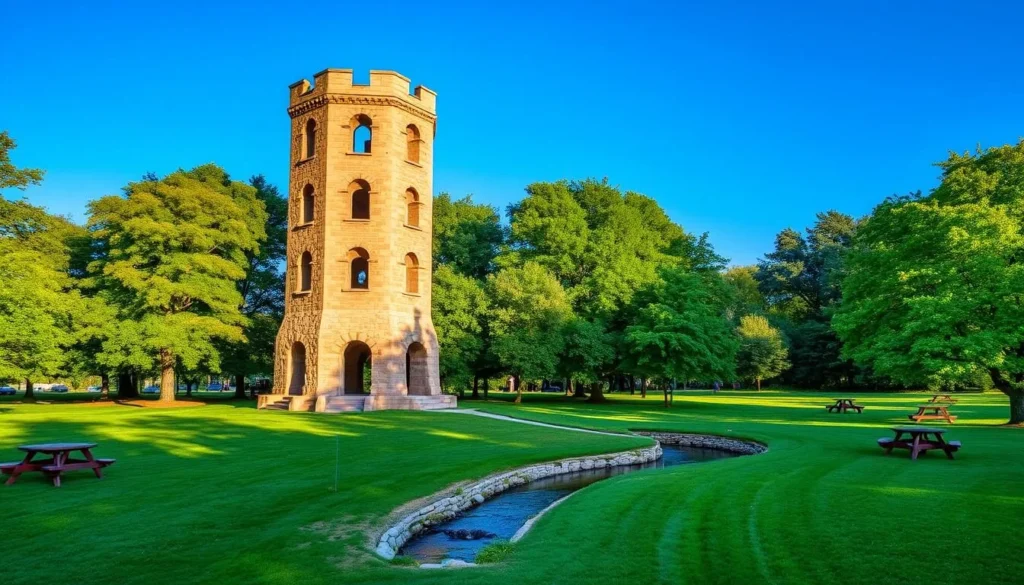 Winterset City Park showing Clark Tower, picnic areas, and lush greenery on a sunny day Winterset City Park showing Clark Tower, picnic areas, and lush greenery on a sunny day