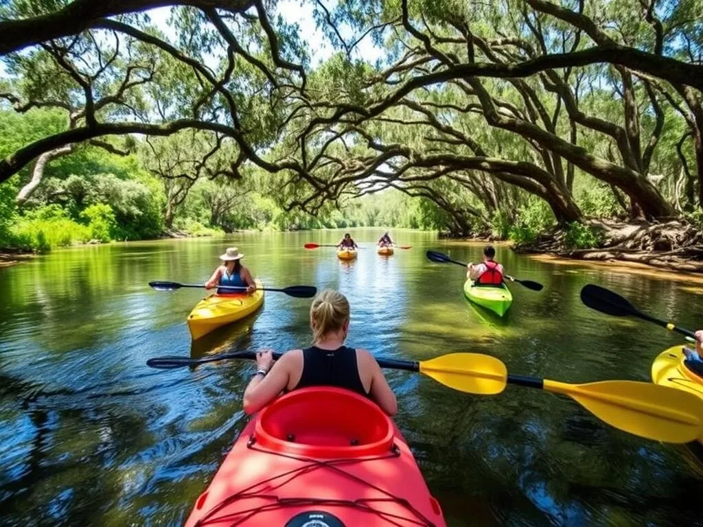 Withlacoochee River in Madison County with kayakers paddling through scenic landscape Withlacoochee River in Madison County with kayakers paddling through scenic landscape