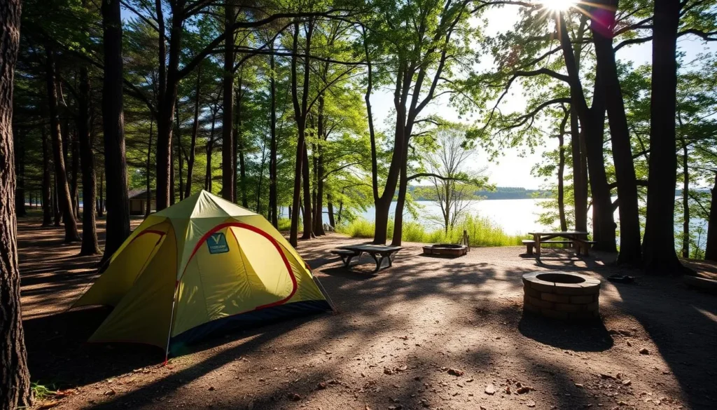 Wooded campsite at Point Lookout State Park with tent and picnic table Wooded campsite at Point Lookout State Park with tent and picnic table