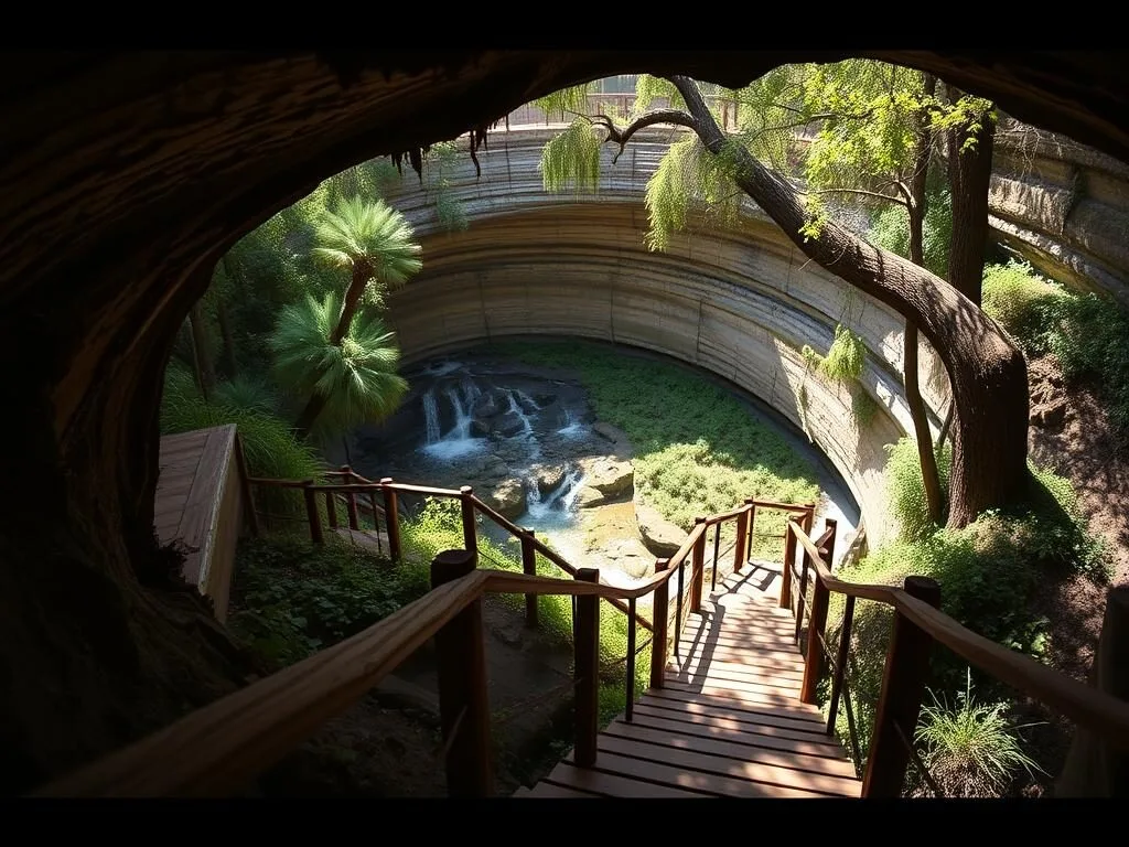 Wooden boardwalk descending into Devil's Millhopper sinkhole in Alachua County Florida