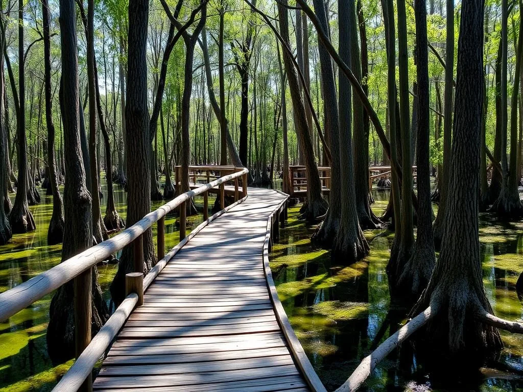 Wooden boardwalk through cypress trees at Hart Springs Park Wooden boardwalk through cypress trees at Hart Springs Park