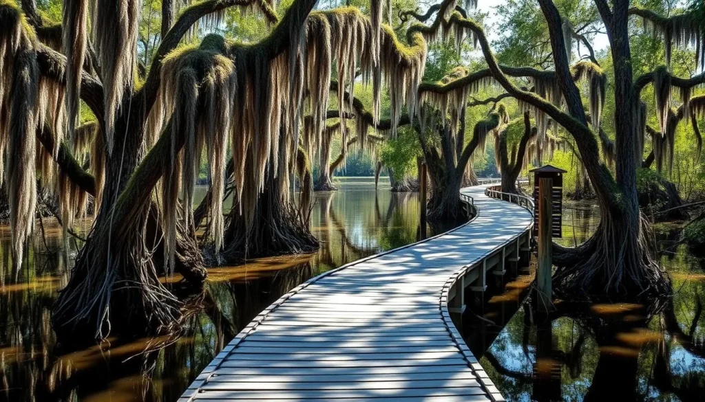 Wooden boardwalk through cypress wetlands at Lettuce Lake Park with Spanish moss hanging from trees Wooden boardwalk through cypress wetlands at Lettuce Lake Park with Spanish moss hanging from trees