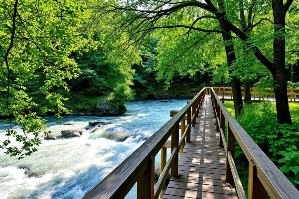Wooden footbridge connecting Three Sisters Islands with rapids visible below
