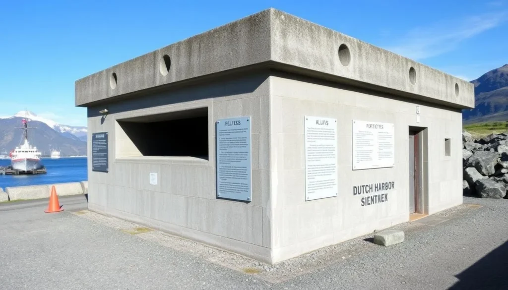 World War II bunker in Dutch Harbor with historical markers and information signs