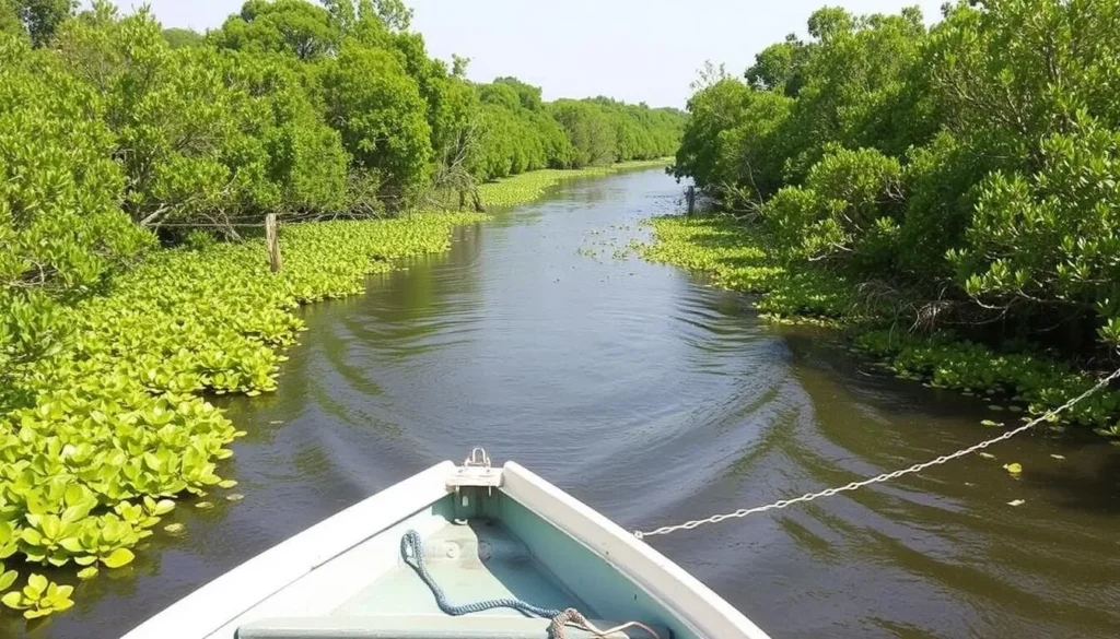 Wouri River boat tour in Douala, showing the river's mangrove ecosystems