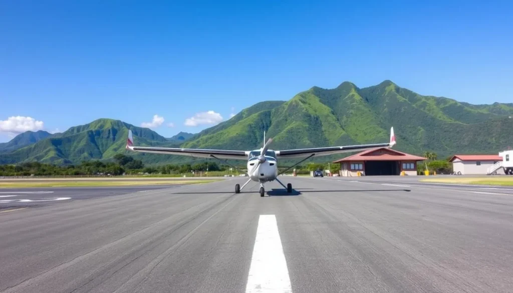 Yonaguni Airport with a small plane landing and mountains in the background Yonaguni Airport with a small plane landing and mountains in the background