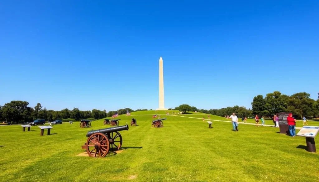 Yorktown Battlefield with the Victory Monument and historic cannons on display Yorktown Battlefield with the Victory Monument and historic cannons on display