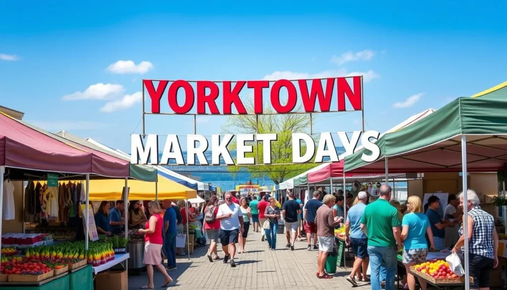 Yorktown Market Days with vendors and visitors enjoying local produce and crafts on a beautiful spring day Yorktown Market Days with vendors and visitors enjoying local produce and crafts on a beautiful spring day
