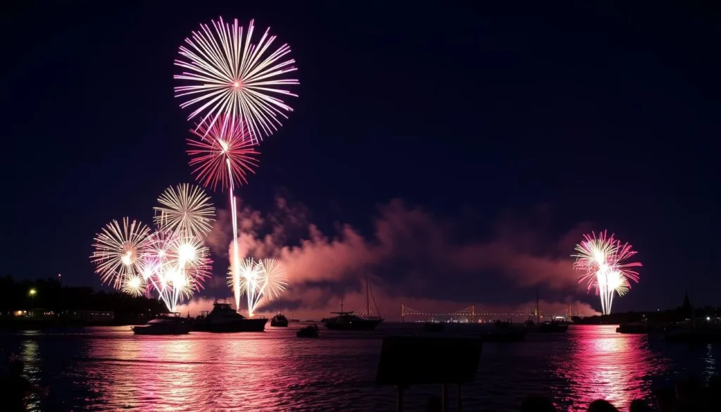 Yorktown's Fourth of July celebration with fireworks over the York River Yorktown's Fourth of July celebration with fireworks over the York River