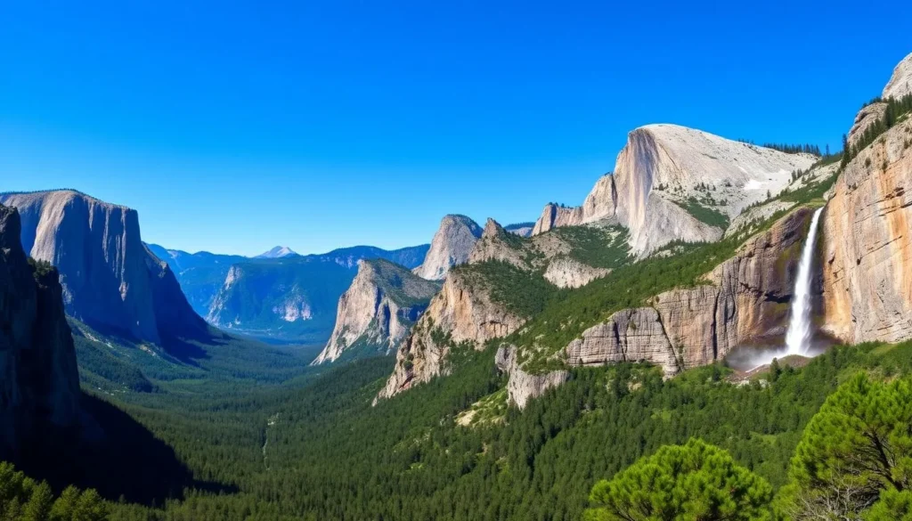 Yosemite Valley view with Half Dome and waterfalls in Mariposa County, California Yosemite Valley view with Half Dome and waterfalls in Mariposa County, California