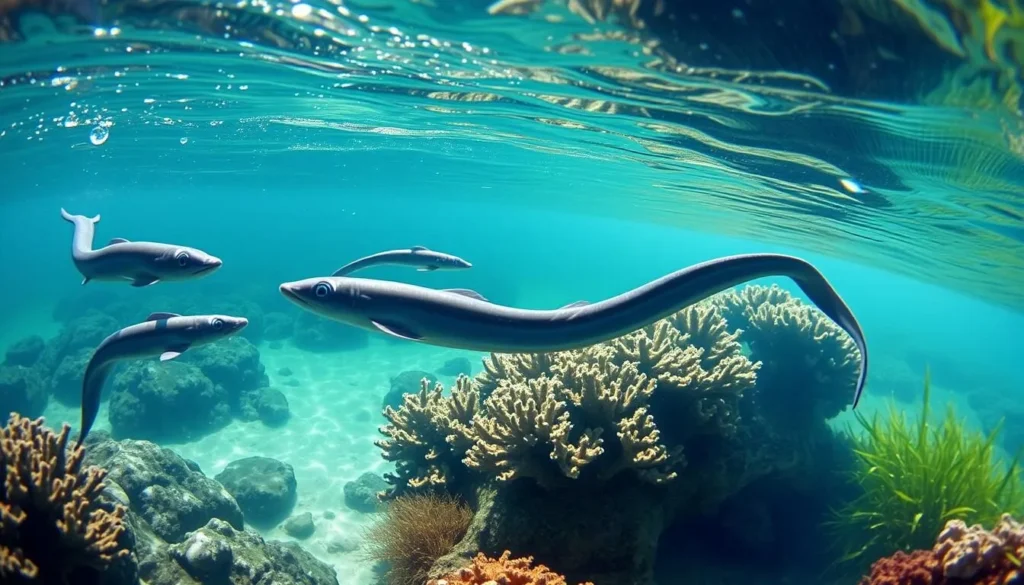 a beautifully lit scene of sacred blue-eyed eels gliding gracefully through the crystal-clear waters of a shallow lagoon on the lush, tropical island of Huahine. The eels' iridescent blue eyes and sinuous movements captivate the viewer, while the sunlight filtering through the surface creates a magical, shimmering effect. In the middle ground, vibrant coral formations and swaying seagrass provide a natural, underwater landscape. The background features a glimpse of the island's verdant, palm-fringed shoreline, hinting at the rich cultural heritage and natural beauty of this Polynesian paradise.