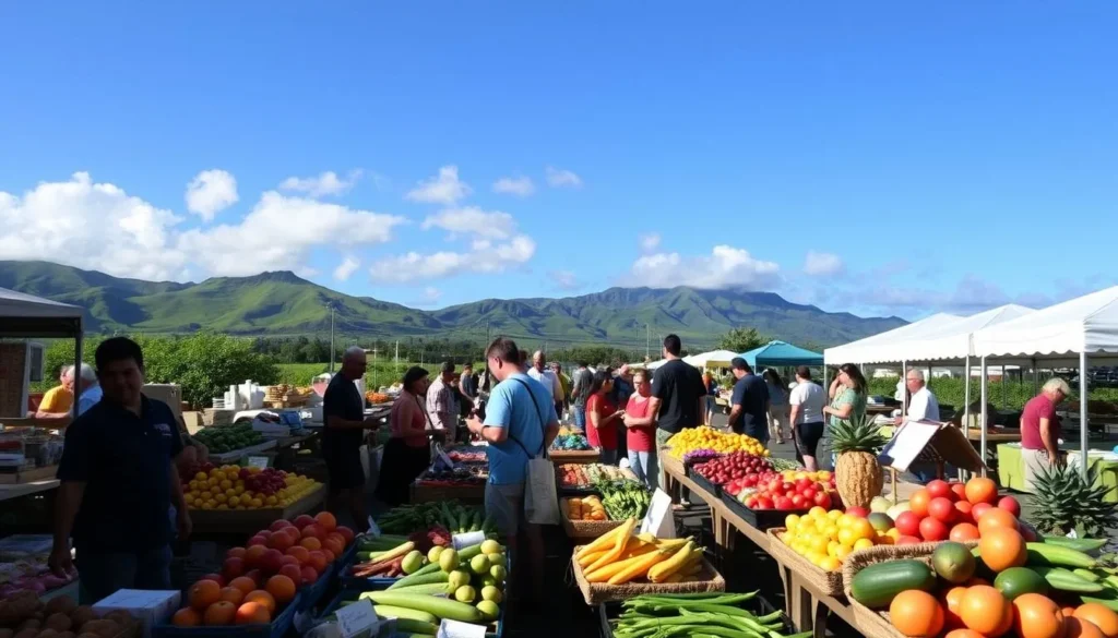 a bustling outdoor farmers market on the Big Island of Hawaii, with a variety of vibrant tropical produce, handcrafted local goods, and friendly vendors set against the backdrop of lush green hills and a clear blue sky. The foreground features an array of colorful fruits and vegetables, freshly baked breads, and artisanal crafts. In the middle ground, people browse the stalls, interacting with the vendors and sampling the island's bounty. The background showcases the scenic splendor of the Big Island, with its volcanic landscapes and gentle breezes. The lighting is warm and natural, evoking the island's tropical ambiance. The overall atmosphere is one of community, sustainability, and a celebration of Hawaii's rich agricultural heritage.