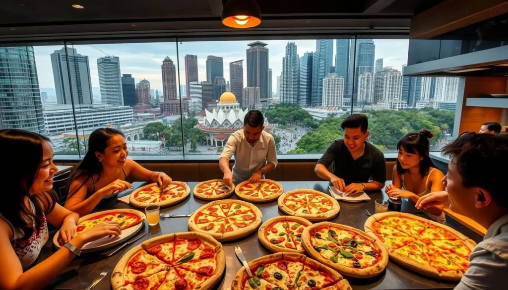 a dynamic and vibrant pizza restaurant scene in Singapore, with several modern pizzerias showcasing their artisanal creations against a backdrop of iconic Singaporean architecture and bustling city streets. The foreground features a group of friends enjoying an assortment of gourmet pizzas, their expressions reflecting the joy and satisfaction of the experience. The middle ground captures the open kitchen of a pizzeria, where skilled chefs are meticulously assembling and baking the pizzas. The background showcases the diverse, contemporary cityscape of Singapore, with sleek skyscrapers, lush greenery, and a warm, golden-hour lighting that casts a cozy, inviting ambiance over the entire scene. The overall atmosphere conveys a sense of the vibrant, evolving pizza culture that has taken root in this dynamic, global city.