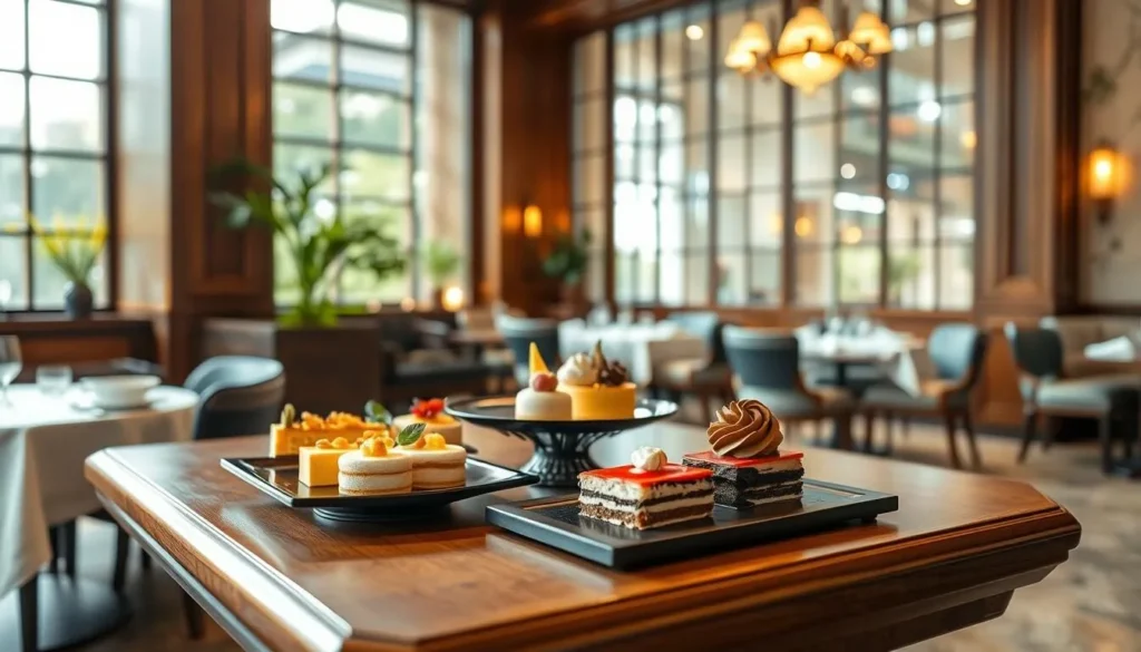 a fine dining restaurant interior in Singapore, with a showcase of traditional Singaporean desserts displayed on a beautifully crafted wooden table, illuminated by soft, natural lighting filtering through large windows. The desserts are presented with care, showcasing their vibrant colors and intricate details. The atmosphere is elegant and inviting, with hints of Singaporean culture and heritage reflected in the decor. The scene evokes a sense of warmth, comfort, and an appreciation for the culinary artistry of Singapore's renowned pastry chefs.