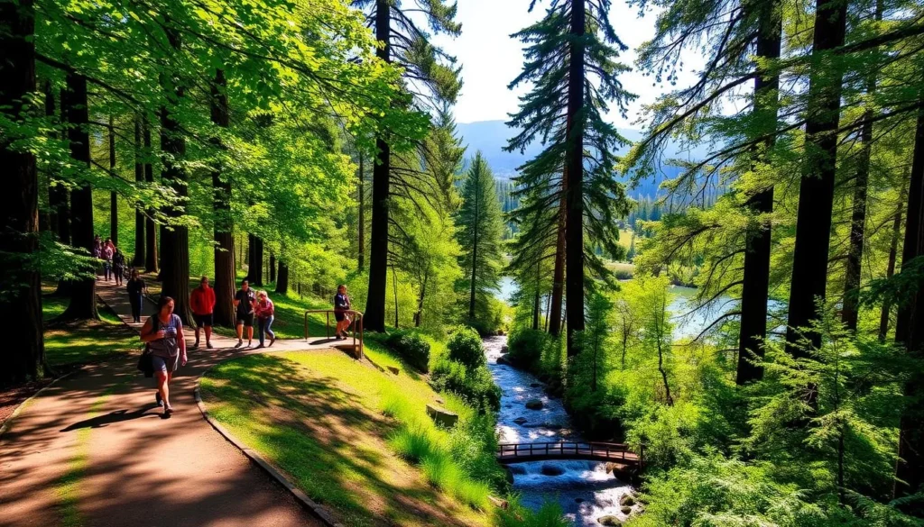 a lush, verdant forest trail winding through the Crystal Springs Reservoir in California, with dappled sunlight filtering through the canopy of towering redwood trees. Hikers stroll along the well-maintained path, enjoying the tranquil ambiance and the serene reflections of the lake. In the middle ground, a picturesque footbridge crosses a bubbling stream, inviting visitors to pause and take in the natural beauty. The background features rolling hills and distant mountains, creating a picturesque landscape that evokes a sense of peace and adventure. The scene is captured with a wide-angle lens, showcasing the scale and grandeur of this magnificent outdoor setting.