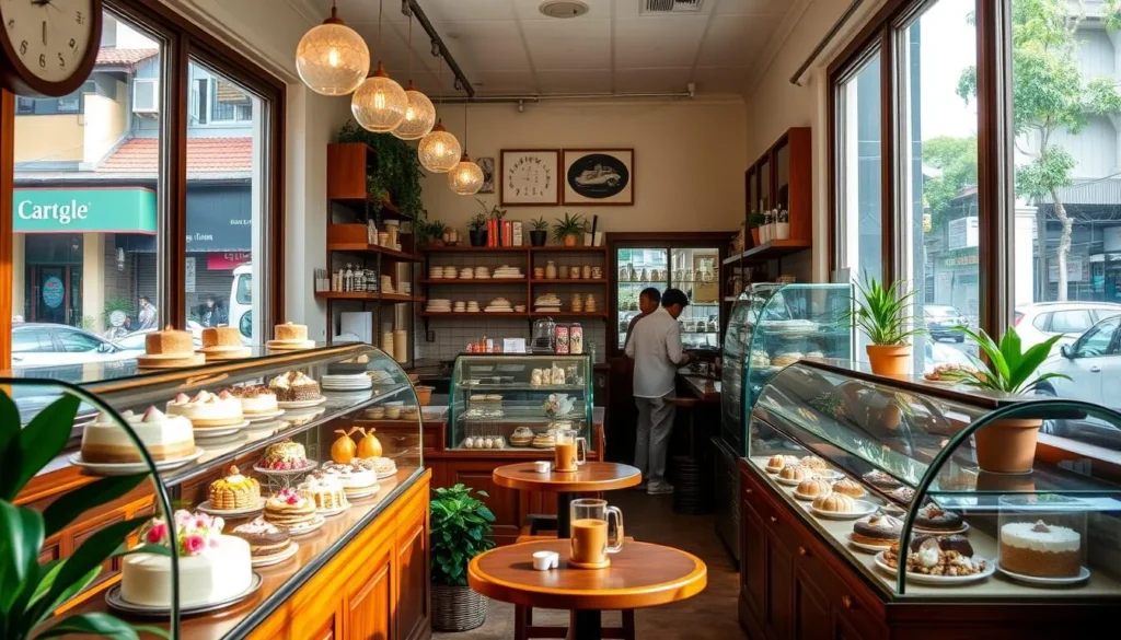 a quaint dessert shop nestled in a bustling Singapore neighborhood, sunlight filtering through large windows illuminating the cozy interior. An array of tantalizing cakes, pastries, and confections are artfully displayed in glass counters, their vibrant colors and intricate designs tempting passersby. The atmosphere is warm and inviting, with polished wood furnishings, potted plants, and a vintage charm that transports visitors to a bygone era. The soft hum of conversation and the aroma of freshly brewed coffee mingle, creating a sensory delight. This charming oasis offers a glimpse into Singapore's renowned dessert culture, inviting guests to indulge in a moment of pure sweetness.