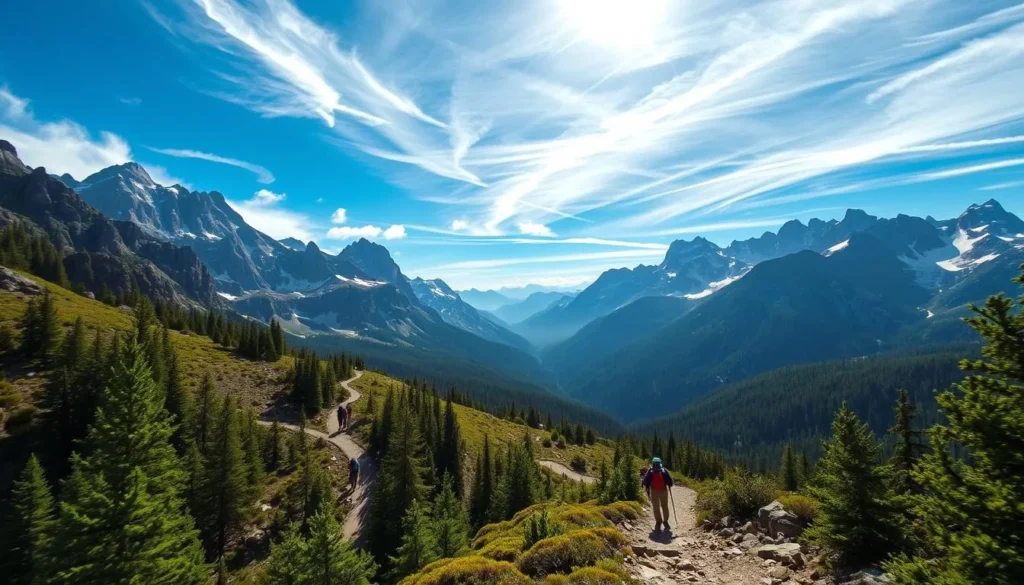 a scenic hiking trail winding through rugged, snow-capped peaks of the Black Mountains in California, sunlight filtering through wispy clouds, a lush, verdant forest lining the path, with hikers in the foreground enjoying the breathtaking natural beauty, captured with a wide-angle lens to convey the grandeur of the landscape, creating a serene, adventurous atmosphere.