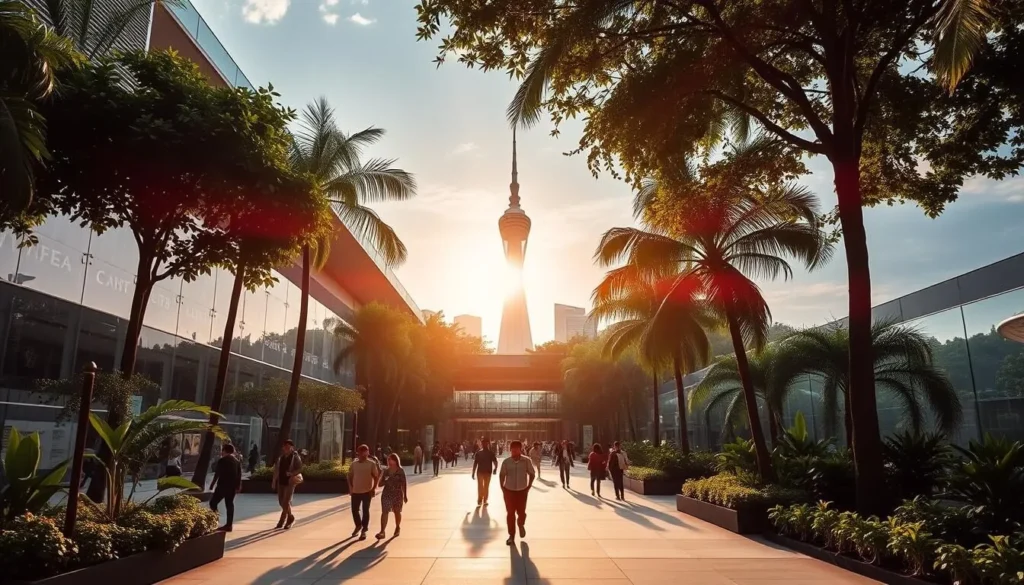 a serene and vibrant museum scene in singapore, with a striking modern architecture in the foreground, flanked by lush tropical foliage. the warm sunlight filters through the glass facade, casting a soft glow on the tranquil outdoor plaza. people wander leisurely, admiring the exhibits and taking in the cultural ambiance. in the distance, a towering landmark rises majestically, symbolizing singapore's rich heritage and its embrace of modernity. the scene conveys a sense of harmony between the built environment and the natural elements, inviting visitors to immerse themselves in singapore's captivating museum culture.