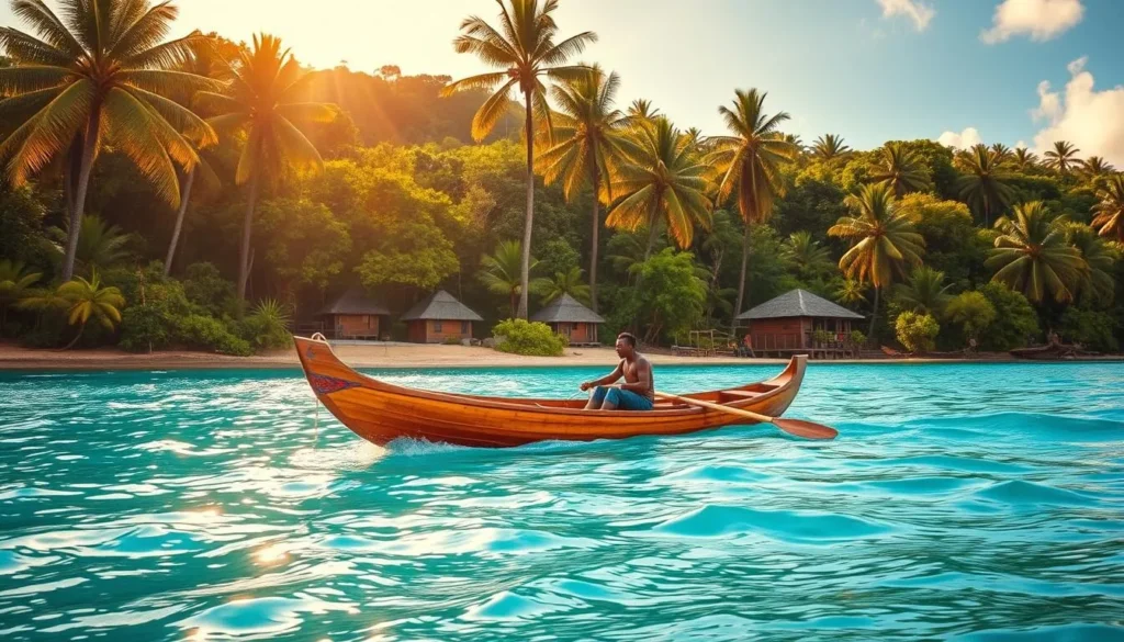a serene scene of traditional transportation in the Solomon Islands, showcasing a vibrant wooden outrigger canoe gliding across crystal-clear turquoise waters. The canoe is skillfully navigated by a local islander, their silhouette highlighted by the warm, golden sunlight filtering through the lush, verdant palm trees lining the shore. In the background, a small village nestled among the lush foliage can be seen, with the iconic pointed roofs of traditional dwellings peeking through the greenery. The overall atmosphere is one of tranquility and harmony, perfectly capturing the essence of the practical, yet picturesque modes of transportation that are integral to life in the Solomon Islands.