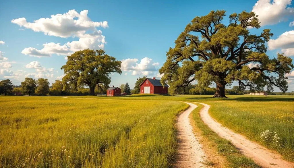 a tranquil rural landscape on a picturesque summer day in Grand Island, Nebraska. a sun-dappled field of lush green grass and wildflowers stretches out in the foreground, with a winding dirt path leading towards a quaint red barn in the middle ground. tall, majestic oak trees line the edges of the scene, their branches swaying gently in a light breeze. a clear blue sky with fluffy white clouds overhead completes the serene, pastoral atmosphere. the scene is bathed in warm, golden natural lighting, as if captured through the lens of a vintage camera. the overall tone is one of peaceful, rustic charm, inviting the viewer to imagine a relaxing day trip exploring the idyllic countryside of Grand Island.