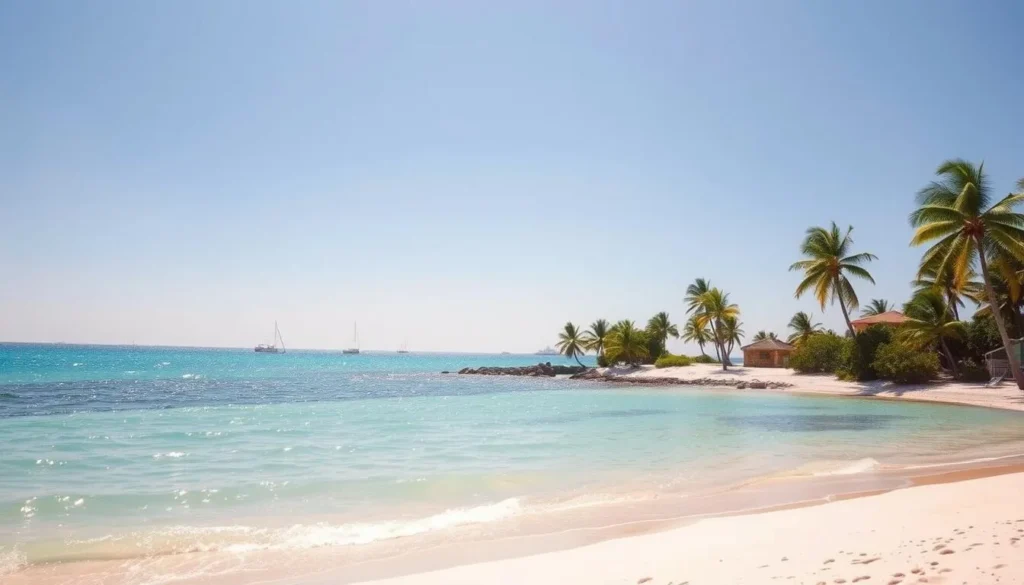 a tranquil seaside landscape of anna maria island, florida on a clear sunny day. the foreground features a pristine sandy beach with gentle waves lapping at the shore. in the middle ground, palm trees sway in a light breeze, casting dappled shadows on the sand. the background reveals the sparkling azure waters of the gulf of mexico, with a few small boats dotting the horizon. the scene is bathed in warm, golden sunlight, creating a peaceful, inviting atmosphere. capture this idyllic coastal setting with a wide-angle lens to showcase the full beauty of this picturesque island paradise.