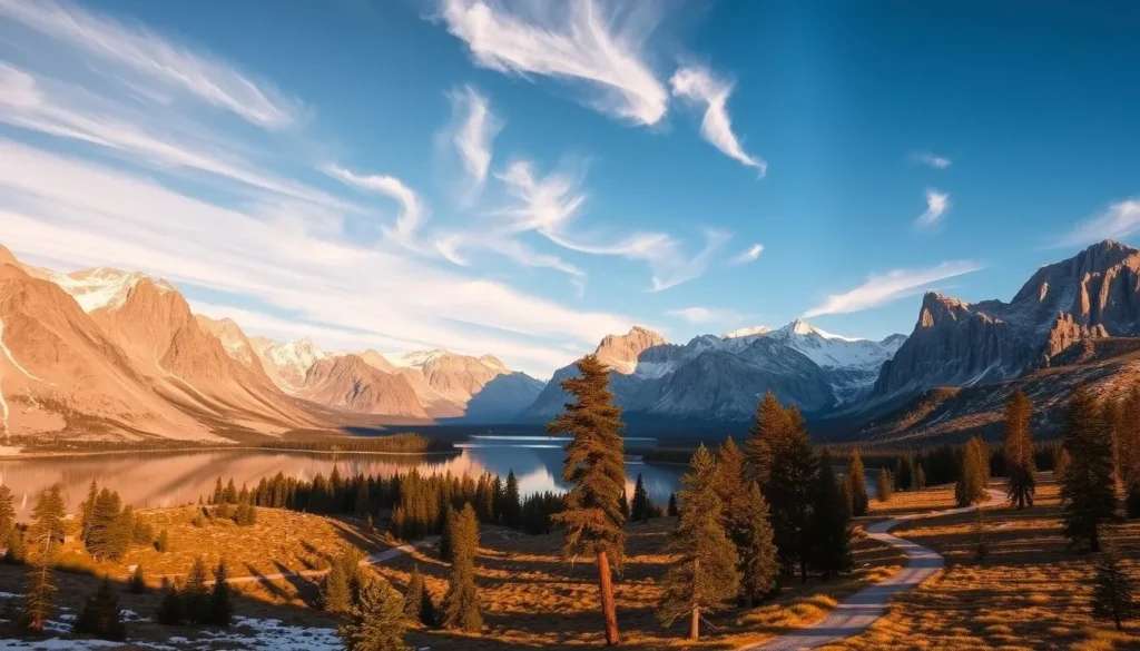 a vast, majestic landscape of the Mount Whitney Range in California, showcasing its towering peaks, rugged granite cliffs, and serene alpine lakes. The scene is bathed in warm, golden sunlight, casting long shadows across the rugged terrain. In the foreground, a crystal-clear lake reflects the snow-capped mountains, creating a mirror-like surface that invites the viewer to pause and admire the stunning natural beauty. Wispy clouds drift across the deep blue sky, adding a sense of tranquility and depth to the scene. The middle ground features a lush, verdant forest, with towering evergreen trees and a winding trail that leads deeper into the wilderness. In the distance, the majestic peaks of the Mount Whitney Range rise up, their jagged silhouettes standing tall against the horizon.