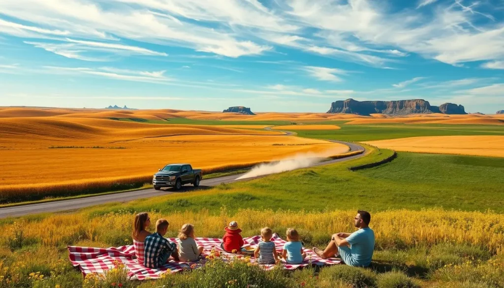 a vast, rolling landscape of golden wheat fields and lush green meadows, with the majestic Badlands formations rising in the distance, under a bright, azure sky with wispy clouds. A lone pickup truck cruises down a winding country road, kicking up a trail of dust. In the foreground, a family picnics on a checkered blanket, surrounded by vibrant wildflowers. The scene is bathed in warm, golden light, capturing the serene, bucolic essence of North Dakota in the summertime.