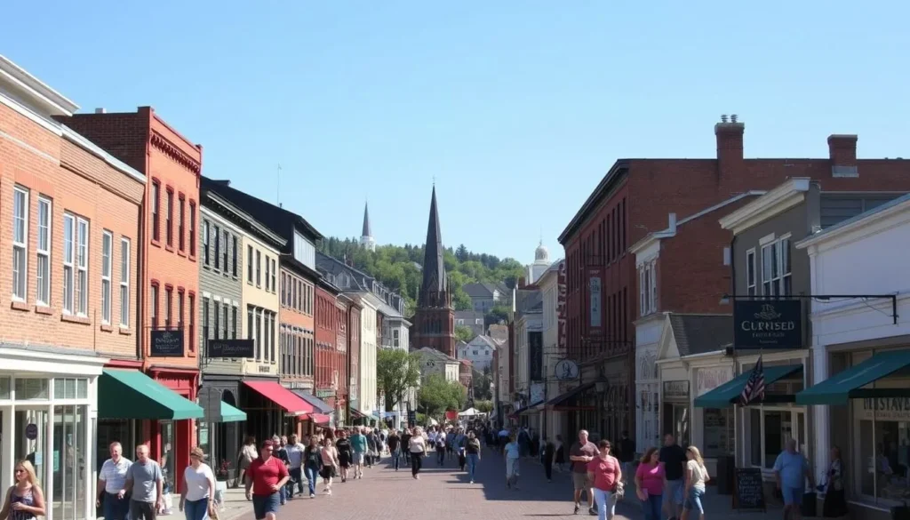 a vibrant and bustling downtown area in Portsmouth, New Hampshire, on a sunny day. The foreground features a lively street scene with pedestrians strolling along the sidewalks, browsing in the charming local shops and boutiques. The middle ground showcases a mix of historic brick buildings, colonial-style architecture, and modern storefronts, creating a harmonious blend of old and new. In the background, the skyline is punctuated by church steeples and the occasional tree-lined park, conveying a sense of a quaint, walkable city center. The lighting is warm and natural, casting a welcoming glow over the entire scene. The atmosphere is one of energy, culture, and small-town New England charm.