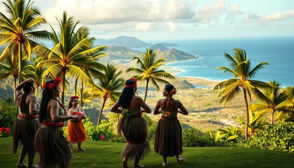 a vibrant and immersive scene depicting the rich cultural heritage of Molokai, Hawaii. In the foreground, a group of indigenous Hawaiians in traditional attire perform an authentic hula dance, their graceful movements captured in a soft, natural lighting. In the middle ground, a backdrop of lush, verdant landscapes with towering palm trees and rolling hills sets the scene. In the background, a stunning view of the azure Pacific Ocean, with the silhouette of the iconic Halawa Valley in the distance. The overall atmosphere conveys a sense of tranquility, cultural reverence, and a deep connection to the land and its people.